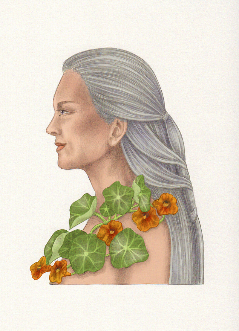 Illustration: Frau mit Halsschmuck aus Kapuzinerkresse