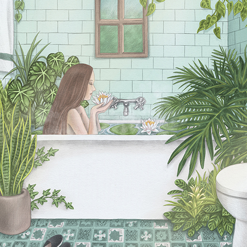 Illustration: Frau badet in Badezimmer mit vielen Pflanzen