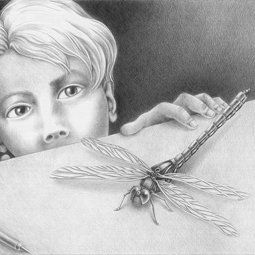 Bleistift-Illustration: Junge betrachtet mechanische Libelle