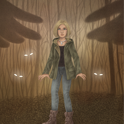 Illustration für Buchcover: Mädchen steht nachts im unheimlichen Wald