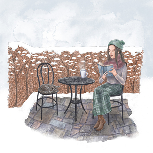 Illustration: eine Frau liest ein Buch auf winterlicher Terrasse