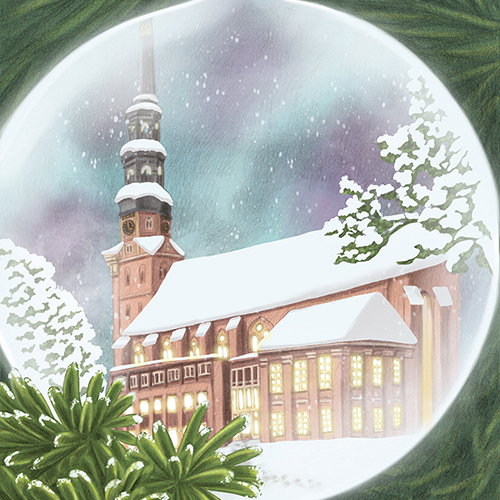 Illustration: Katharinenkirche Hamburg in Weihnachtskugel